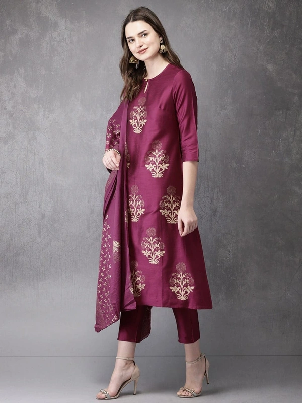 FWVT FANCY FOIL PRINTED KURTI PANT DUPATTA SET - M-38, Tawny Port