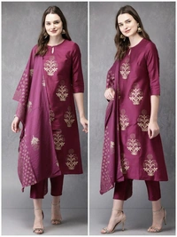 FWVT FANCY FOIL PRINTED KURTI PANT DUPATTA SET - M-38, Tawny Port