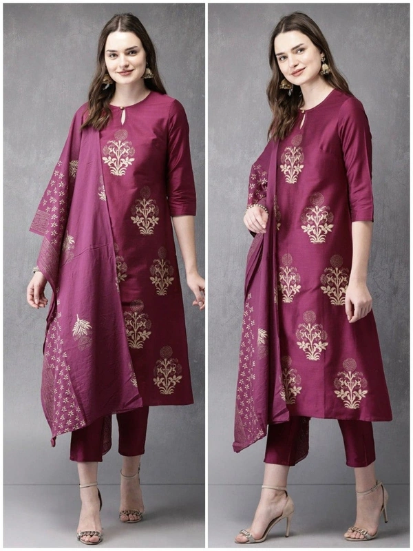 FWVT FANCY FOIL PRINTED KURTI PANT DUPATTA SET - M-38, Tawny Port