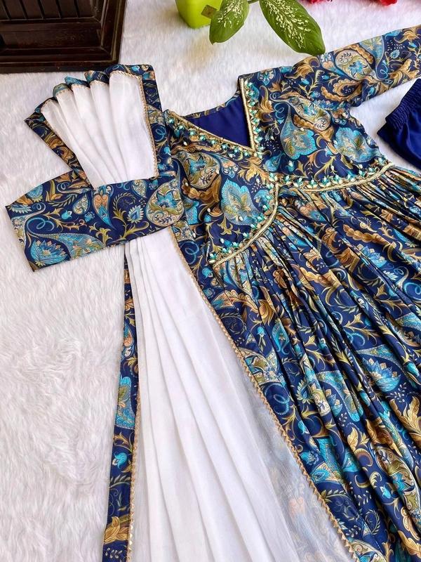 FWMBL PARTY WEAR STYLE ALIYA CUT DRESS WITH BOTTOM AND DUPATTA - M-38, Navy Blue