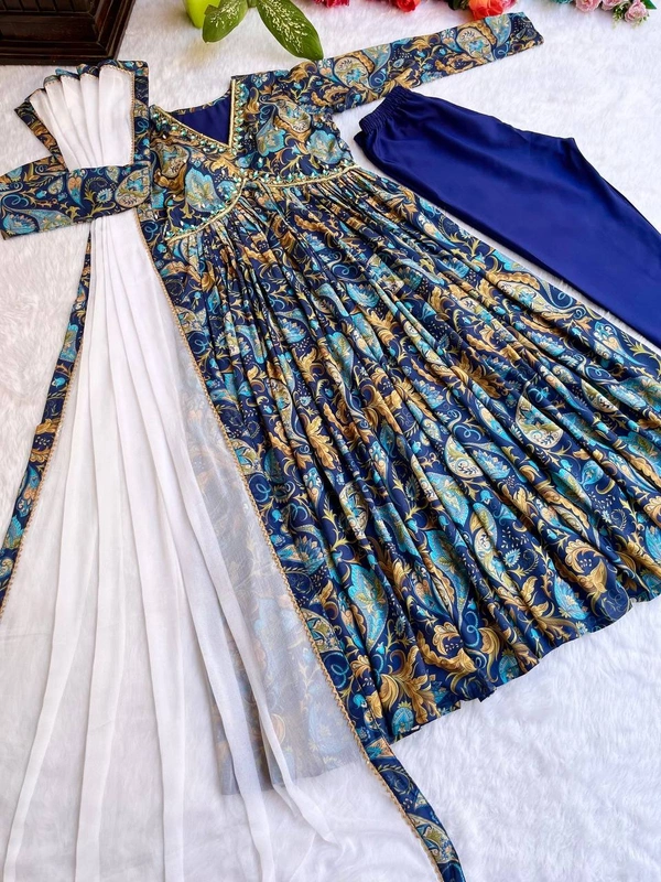 FWMBL PARTY WEAR STYLE ALIYA CUT DRESS WITH BOTTOM AND DUPATTA - M-38, Navy Blue