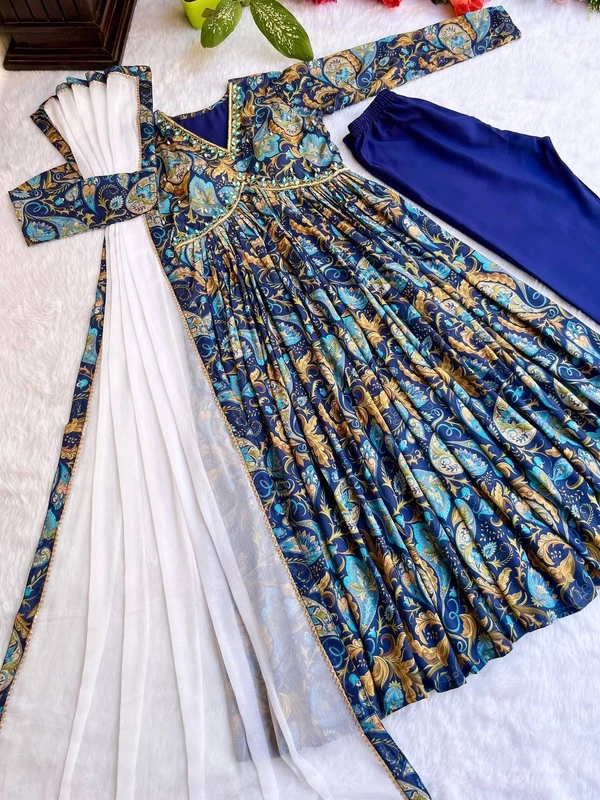 FWMBL PARTY WEAR STYLE ALIYA CUT DRESS WITH BOTTOM AND DUPATTA - M-38, Navy Blue