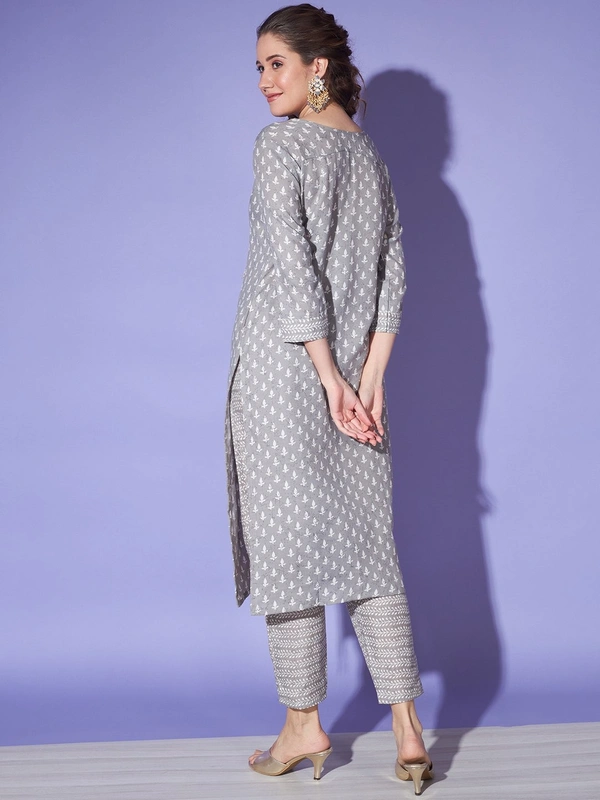 FWVT JAIPURI PRINTED COTTON KURTA PANT SET - M-38, Gray