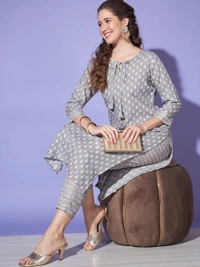 FWVT JAIPURI PRINTED COTTON KURTA PANT SET - M-38, Gray