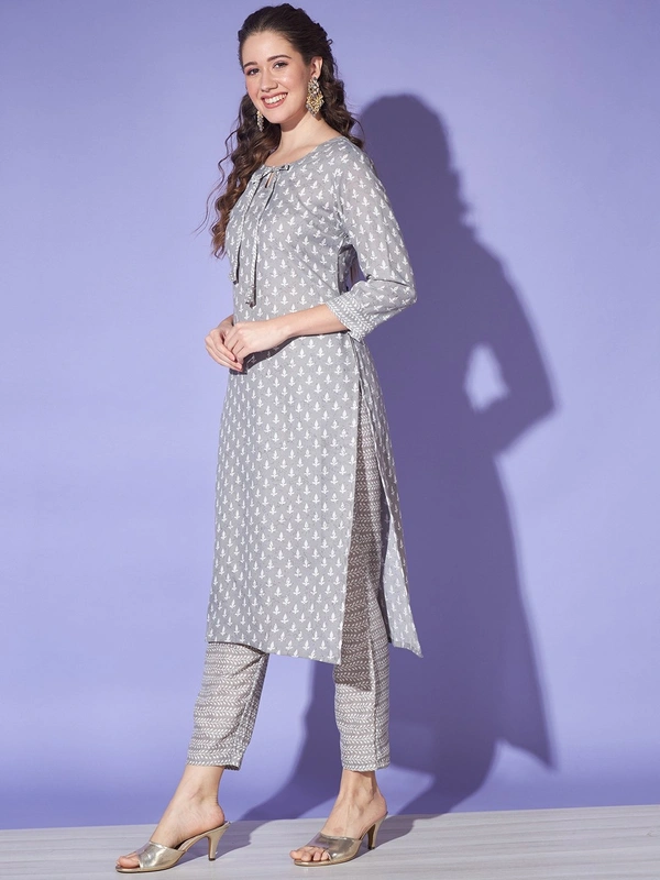 FWVT JAIPURI PRINTED COTTON KURTA PANT SET - M-38, Gray
