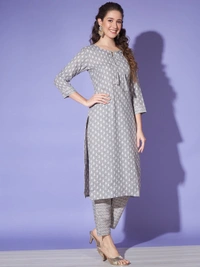 FWVT JAIPURI PRINTED COTTON KURTA PANT SET - M-38, Gray