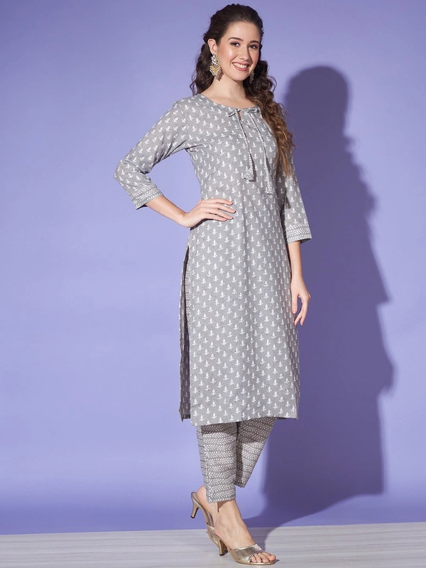 FWVT JAIPURI PRINTED COTTON KURTA PANT SET - M-38, Gray
