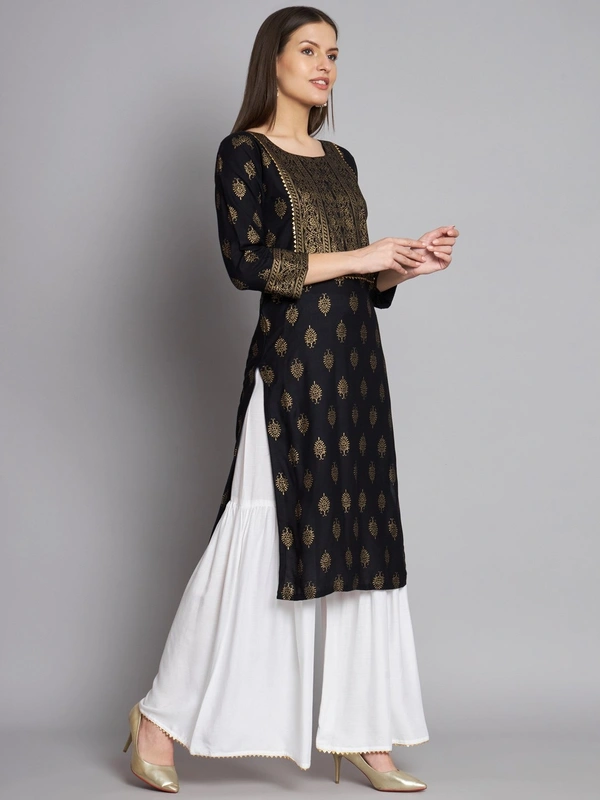 FWVT TRENDING RAYON FOIL PRINT KURTA SHARARA SET - M-38, Black