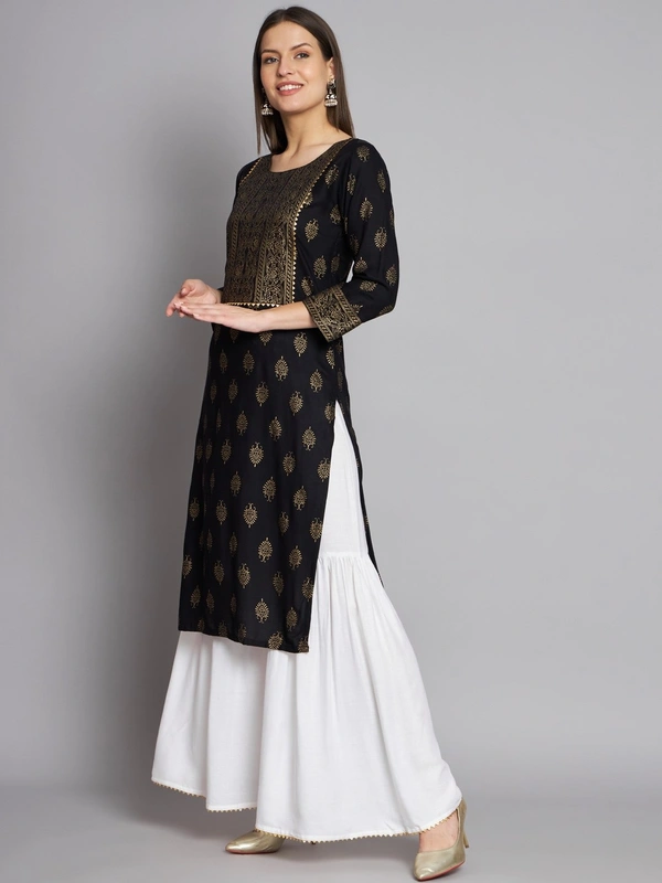 FWVT TRENDING RAYON FOIL PRINT KURTA SHARARA SET - M-38, Black