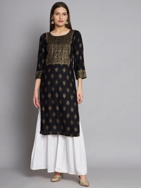FWVT TRENDING RAYON FOIL PRINT KURTA SHARARA SET - M-38, Black