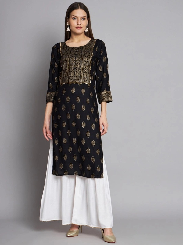 FWVT TRENDING RAYON FOIL PRINT KURTA SHARARA SET - M-38, Black