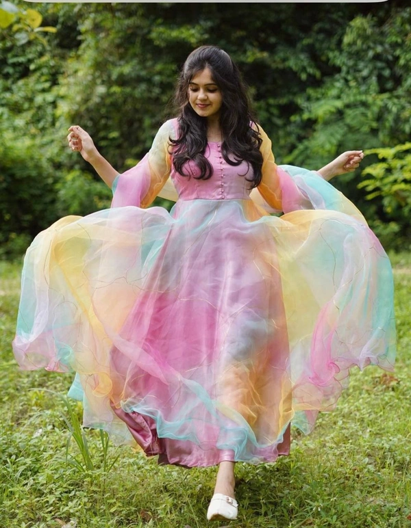 FWMBL ORGENZA PRINTED GOWN WITH BOTTOM AND DUPATTA - M-38, Pink