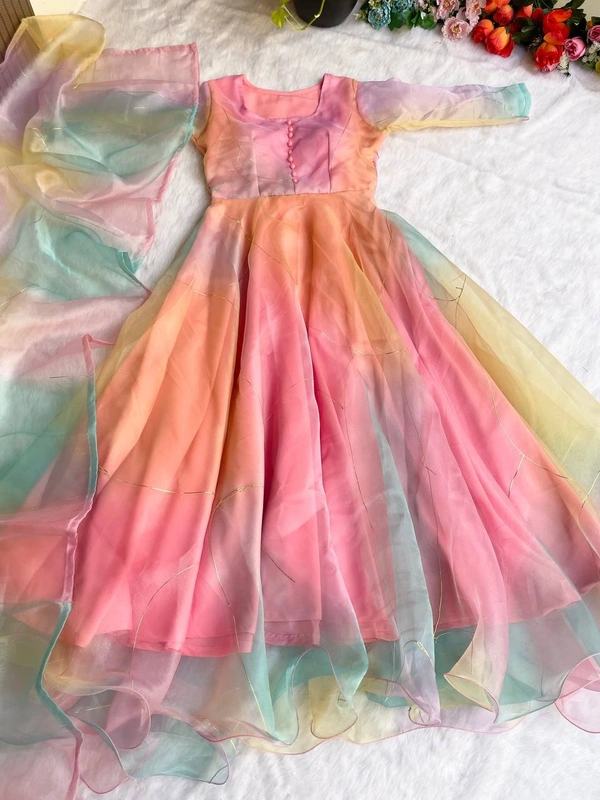 FWMBL ORGENZA PRINTED GOWN WITH BOTTOM AND DUPATTA - M-38, Pink