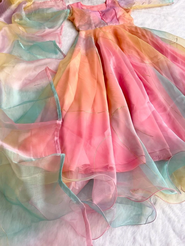 FWMBL ORGENZA PRINTED GOWN WITH BOTTOM AND DUPATTA - M-38, Pink