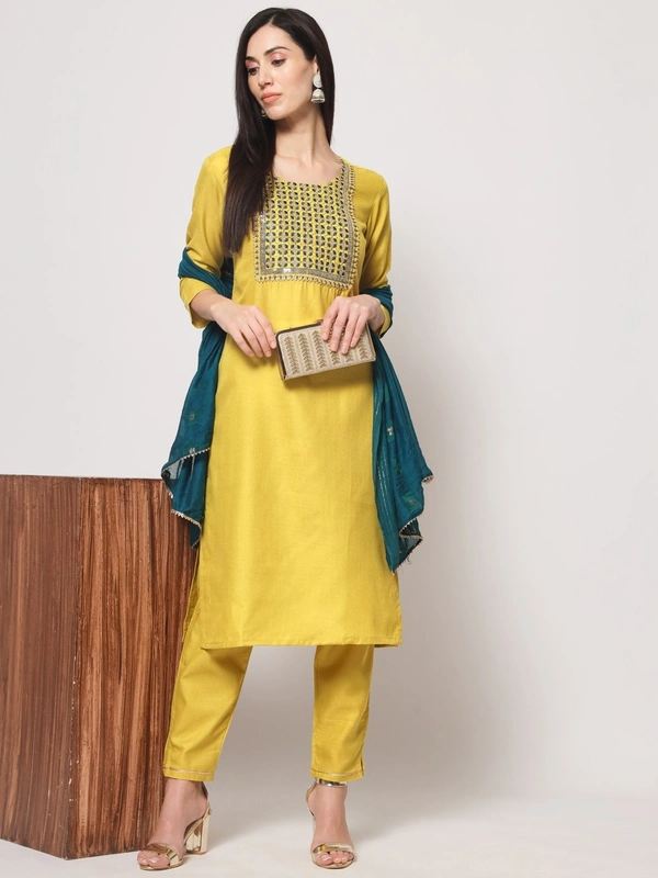 FWVT BEAUTIFUL YELLOW NECK EMBROIDERD KURTI WITH BOTTOM AND DUPATTA - M-38, Mustard