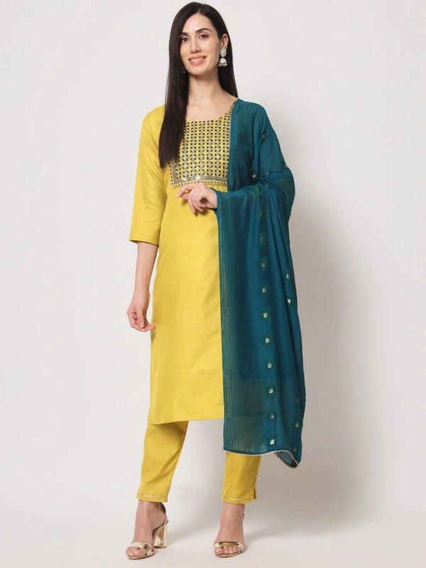 FWVT BEAUTIFUL YELLOW NECK EMBROIDERD KURTI WITH BOTTOM AND DUPATTA - M-38, Mustard