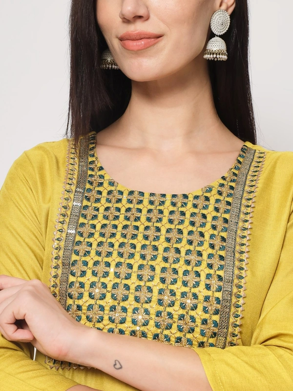 FWVT BEAUTIFUL YELLOW NECK EMBROIDERD KURTI WITH BOTTOM AND DUPATTA - M-38, Mustard