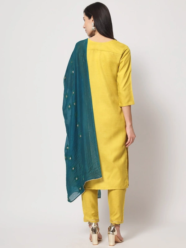 FWVT BEAUTIFUL YELLOW NECK EMBROIDERD KURTI WITH BOTTOM AND DUPATTA - M-38, Mustard