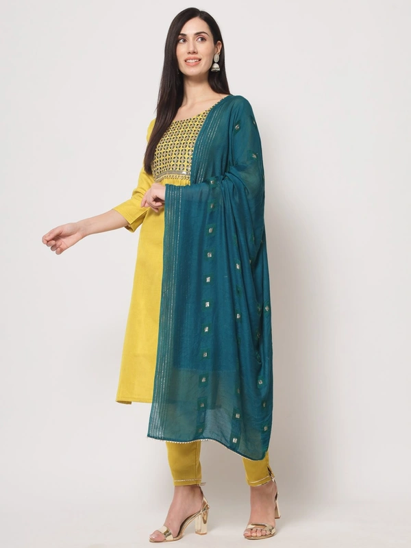 FWVT BEAUTIFUL YELLOW NECK EMBROIDERD KURTI WITH BOTTOM AND DUPATTA - M-38, Mustard