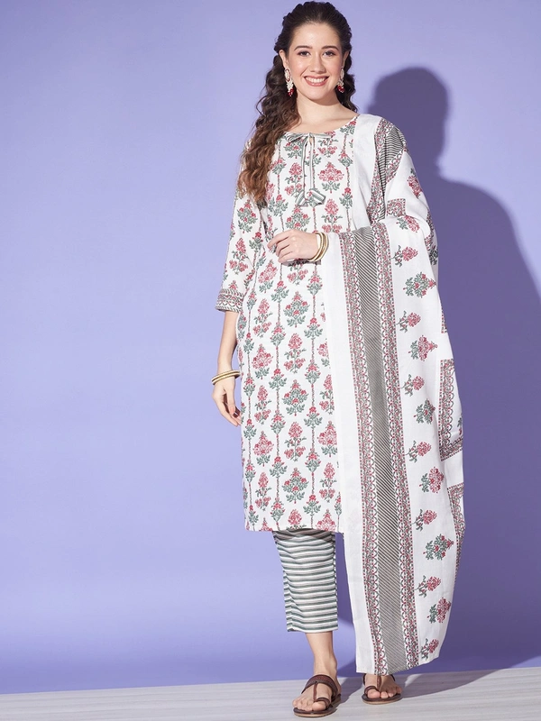 FWVT TRENDING  JAIPURI JAIPURI PRINT COTTON KURTA PANT AND DUPATTA SET - M-38, Cararra