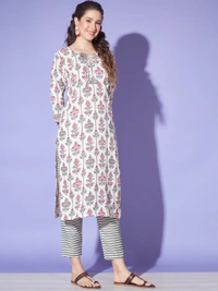 FWVT TRENDING  JAIPURI JAIPURI PRINT COTTON KURTA PANT AND DUPATTA SET - M-38, Cararra