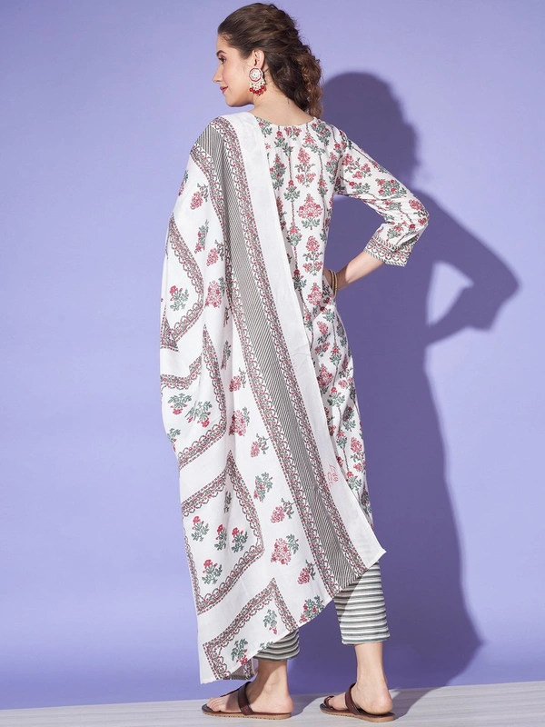 FWVT TRENDING  JAIPURI JAIPURI PRINT COTTON KURTA PANT AND DUPATTA SET - M-38, Cararra