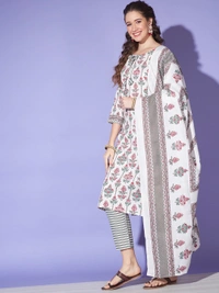 FWVT TRENDING  JAIPURI JAIPURI PRINT COTTON KURTA PANT AND DUPATTA SET - M-38, Cararra