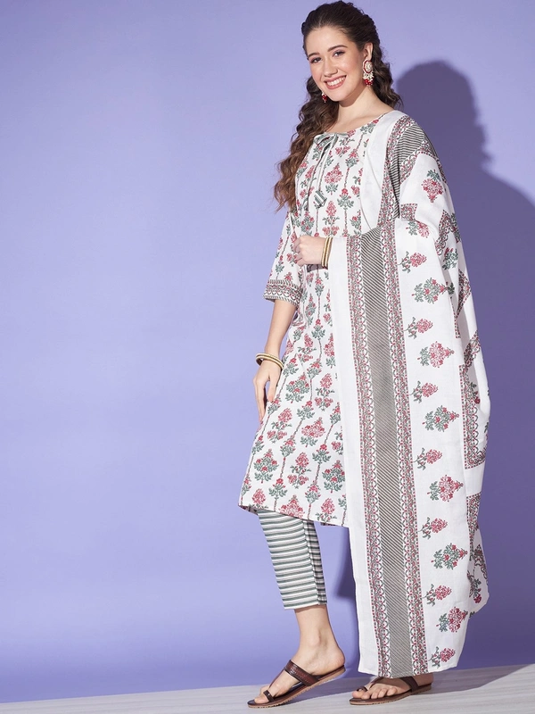 FWVT TRENDING  JAIPURI JAIPURI PRINT COTTON KURTA PANT AND DUPATTA SET - M-38, Cararra