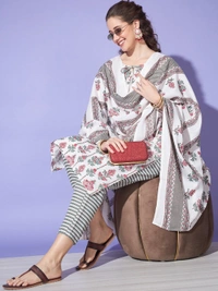 FWVT TRENDING  JAIPURI JAIPURI PRINT COTTON KURTA PANT AND DUPATTA SET - M-38, Cararra