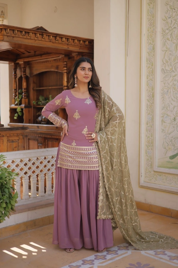 FWKA PREMIUM DESIGNER EMBRIODERED KURTI PLAZOO DUPATTA SET - M-38, Bouquet