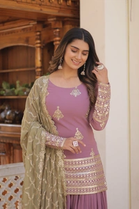 FWKA PREMIUM DESIGNER EMBRIODERED KURTI PLAZOO DUPATTA SET - M-38, Bouquet