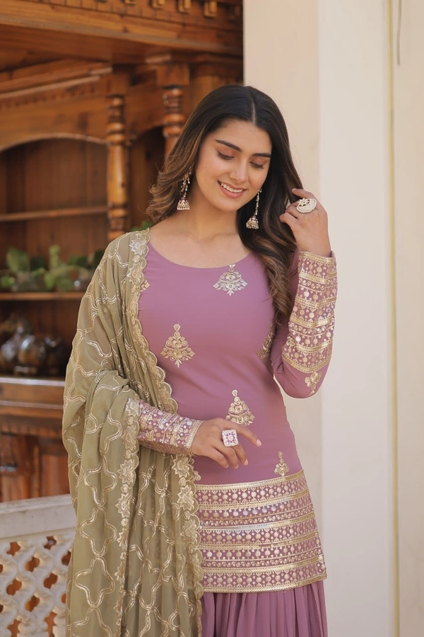 FWKA PREMIUM DESIGNER EMBRIODERED KURTI PLAZOO DUPATTA SET - M-38, Bouquet