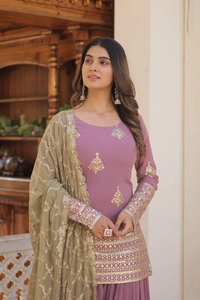 FWKA PREMIUM DESIGNER EMBRIODERED KURTI PLAZOO DUPATTA SET - M-38, Bouquet
