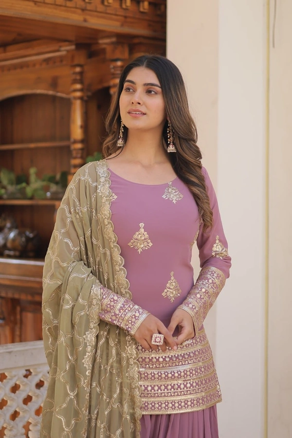 FWKA PREMIUM DESIGNER EMBRIODERED KURTI PLAZOO DUPATTA SET - M-38, Bouquet
