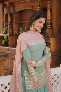 FWKA PREMIUM DESIGNER EMBRIODERED KURTI PLAZOO DUPATTA SET - M-38, Cascade