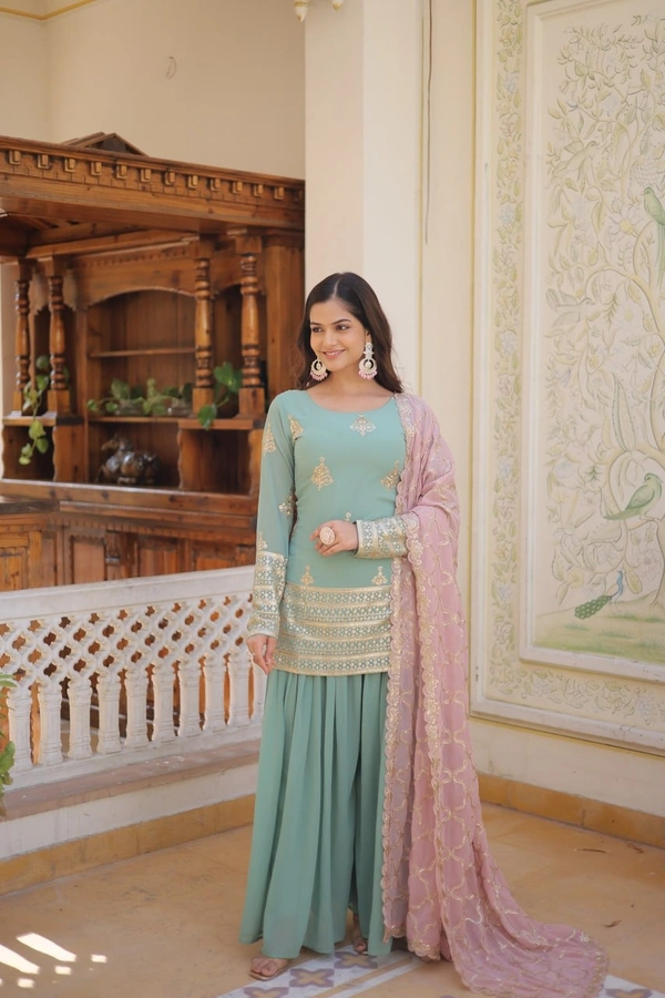 FWKA PREMIUM DESIGNER EMBRIODERED KURTI PLAZOO DUPATTA SET - M-38, Cascade