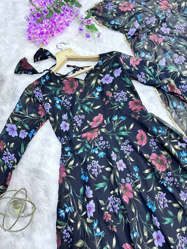 FWMV FLOWERY PRINT GEORGETTE GOWN WITH DUPATTA - L, Black