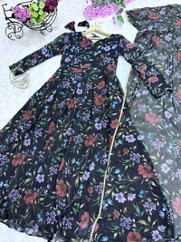 FWMV FLOWERY PRINT GEORGETTE GOWN WITH DUPATTA - L, Black