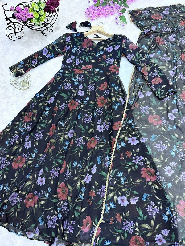 FWMV FLOWERY PRINT GEORGETTE GOWN WITH DUPATTA - L, Black