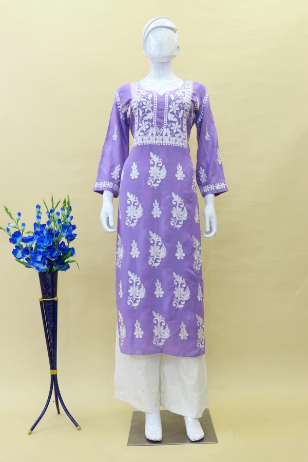 FWSNX TRENDING CHIKANKARI RAYON COTTON KURTI PLAZZO SET - M-38, Purple