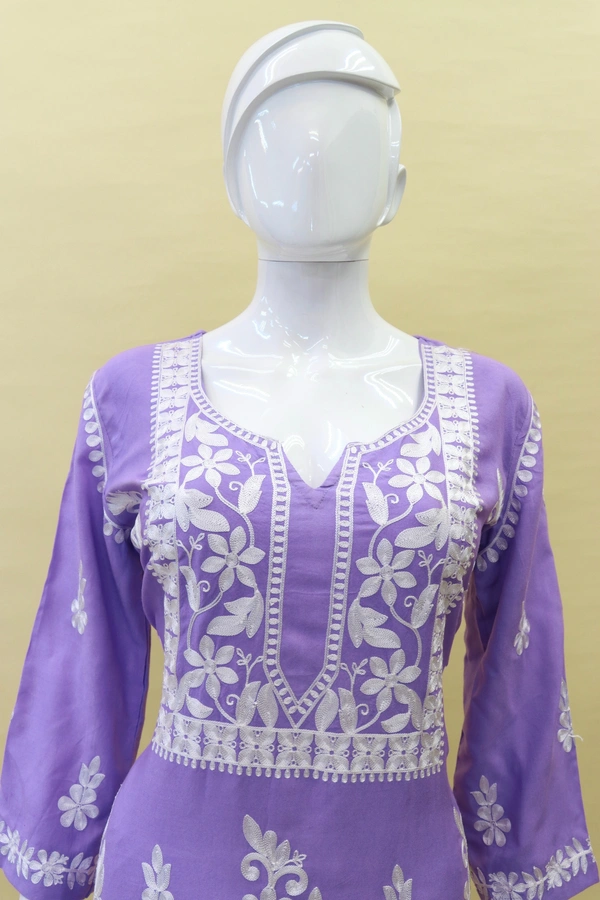 FWSNX TRENDING CHIKANKARI RAYON COTTON KURTI PLAZZO SET - M-38, Purple