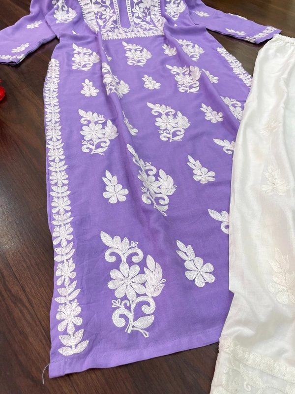 FWSNX TRENDING CHIKANKARI RAYON COTTON KURTI PLAZZO SET - M-38, Purple