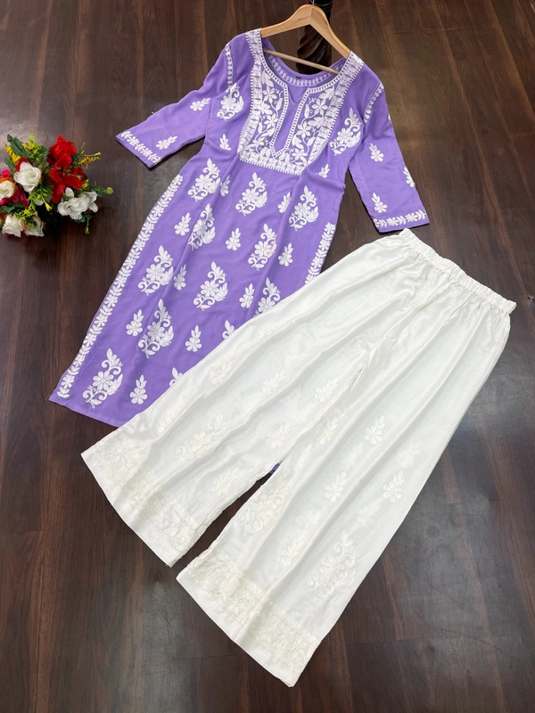 FWSNX TRENDING CHIKANKARI RAYON COTTON KURTI PLAZZO SET - M-38, Purple