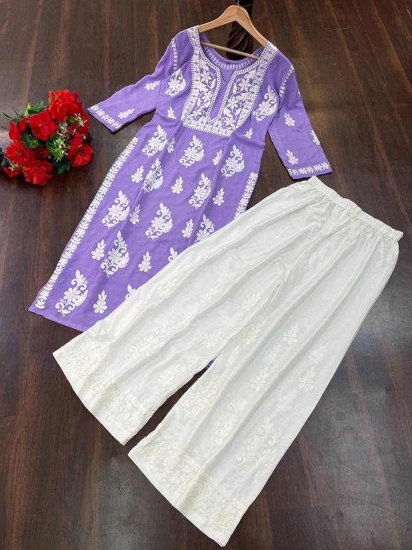 FWSNX TRENDING CHIKANKARI RAYON COTTON KURTI PLAZZO SET - M-38, Purple