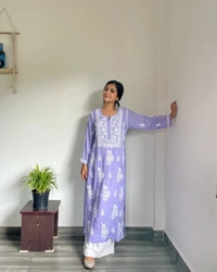 FWSNX TRENDING CHIKANKARI RAYON COTTON KURTI PLAZZO SET - M-38, Purple