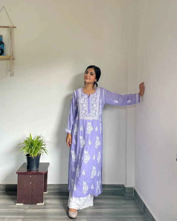FWSNX TRENDING CHIKANKARI RAYON COTTON KURTI PLAZZO SET - M-38, Purple