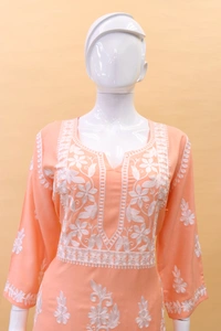 FWSNX TRENDING CHIKANKARI RAYON COTTON KURTI PLAZZO SET - M-38, Vivid Tangerine