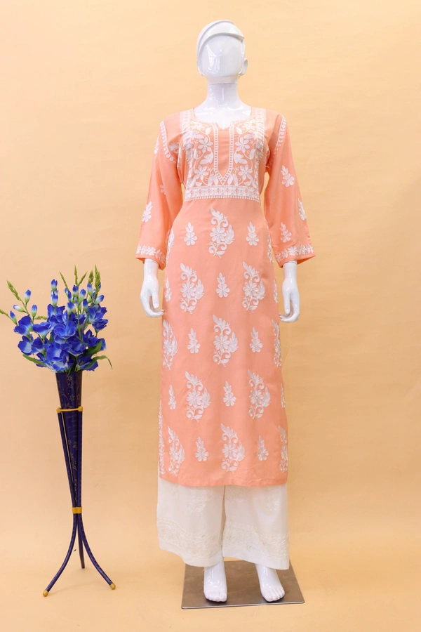 FWSNX TRENDING CHIKANKARI RAYON COTTON KURTI PLAZZO SET - XL-42, Vivid Tangerine