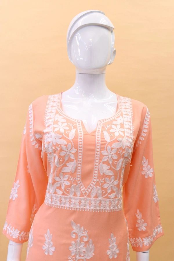 FWSNX TRENDING CHIKANKARI RAYON COTTON KURTI PLAZZO SET - XL-42, Vivid Tangerine