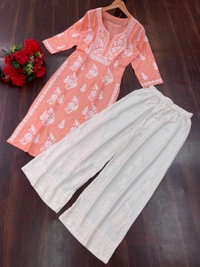 FWSNX TRENDING CHIKANKARI RAYON COTTON KURTI PLAZZO SET - XL-42, Vivid Tangerine